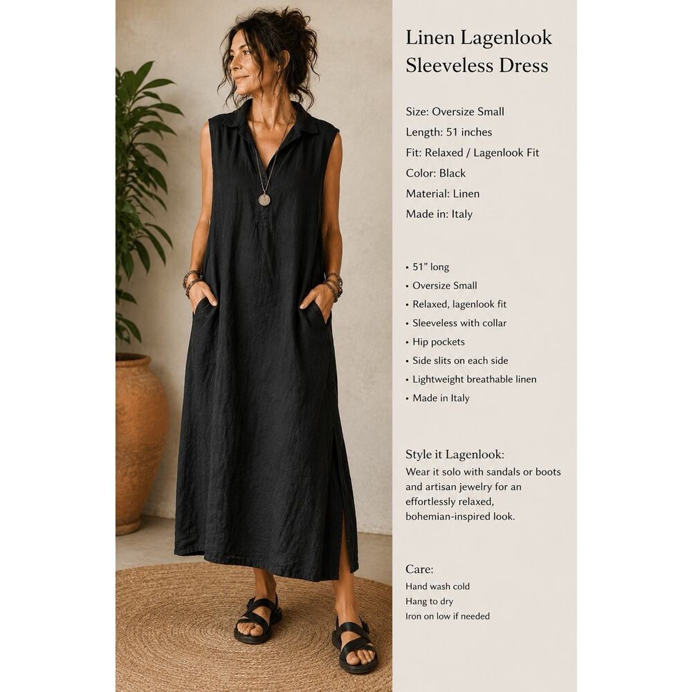La. Fixsun Black Sleeveless V-Neck Linen A-Line Midi Dress Size Small New